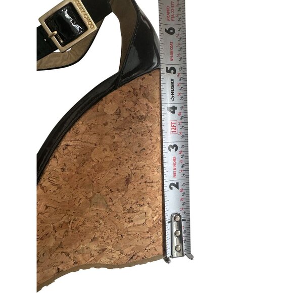 JIMMY CHOO Black Patent Leather Cork Wedges Sandals Size 36.5 - Picture 9 of 16